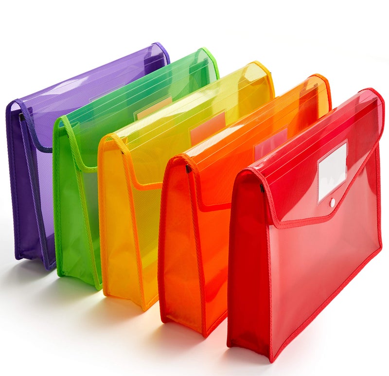 JIZISO Plastic File Folder Poly Envelope Expanding File Wallet Document Folder with Snap Button Closure, Legal Size, 5 Pack Large Waterproof Accordion File Pouch (Assorted Colors) - Image 1